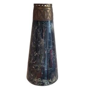 Vintage Art Deco Conical Glass Vase w/ Brass Collar Insert